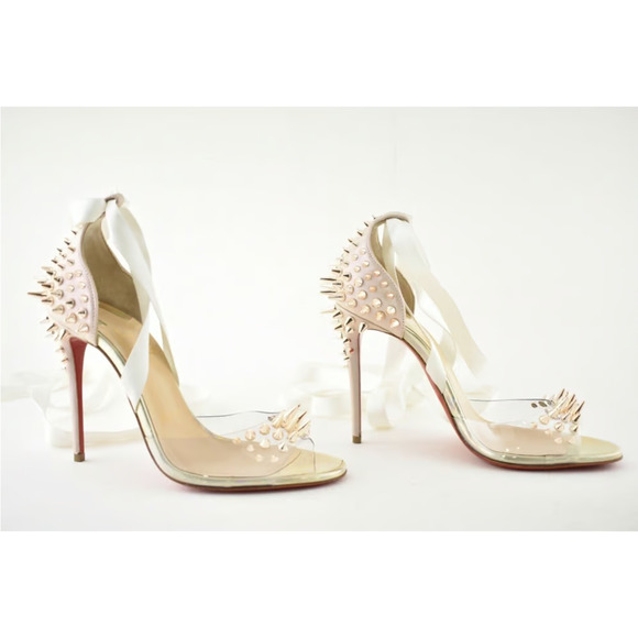 Christian Louboutin Barbarissima 100 Nude Gold PVC Lace Up Sandal Heel Pump 35.5 - Picture 6 of 12